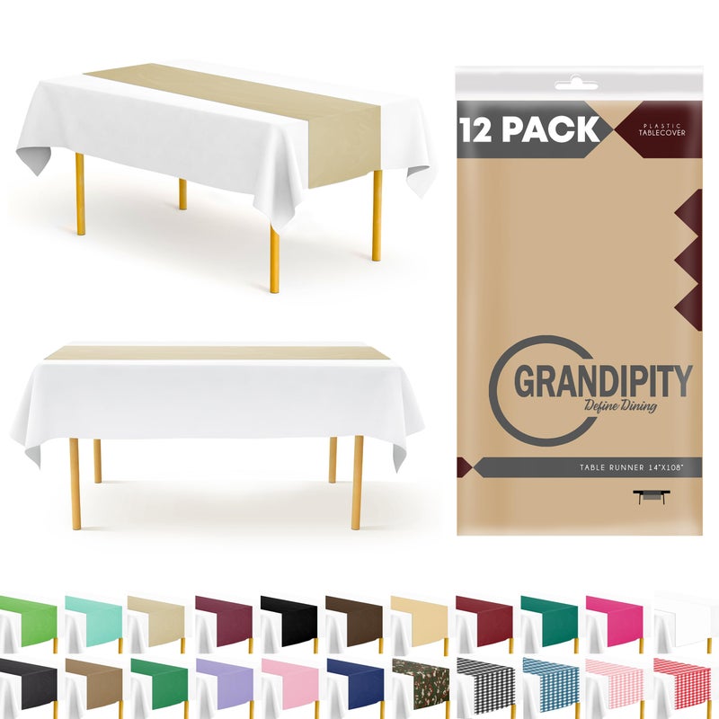 Grandipity Beige 12 Pack Premium Disposable Plastic Table Runner 14 x 108 Inch. Table Runner for Dinner Parties & Events by Grandipity - Image 1